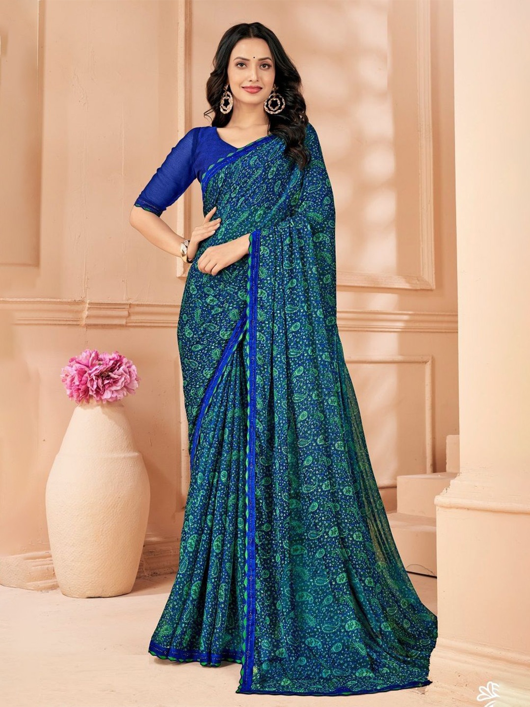 

Reboot Fashions Paisley Pure Chiffon Saree, Blue