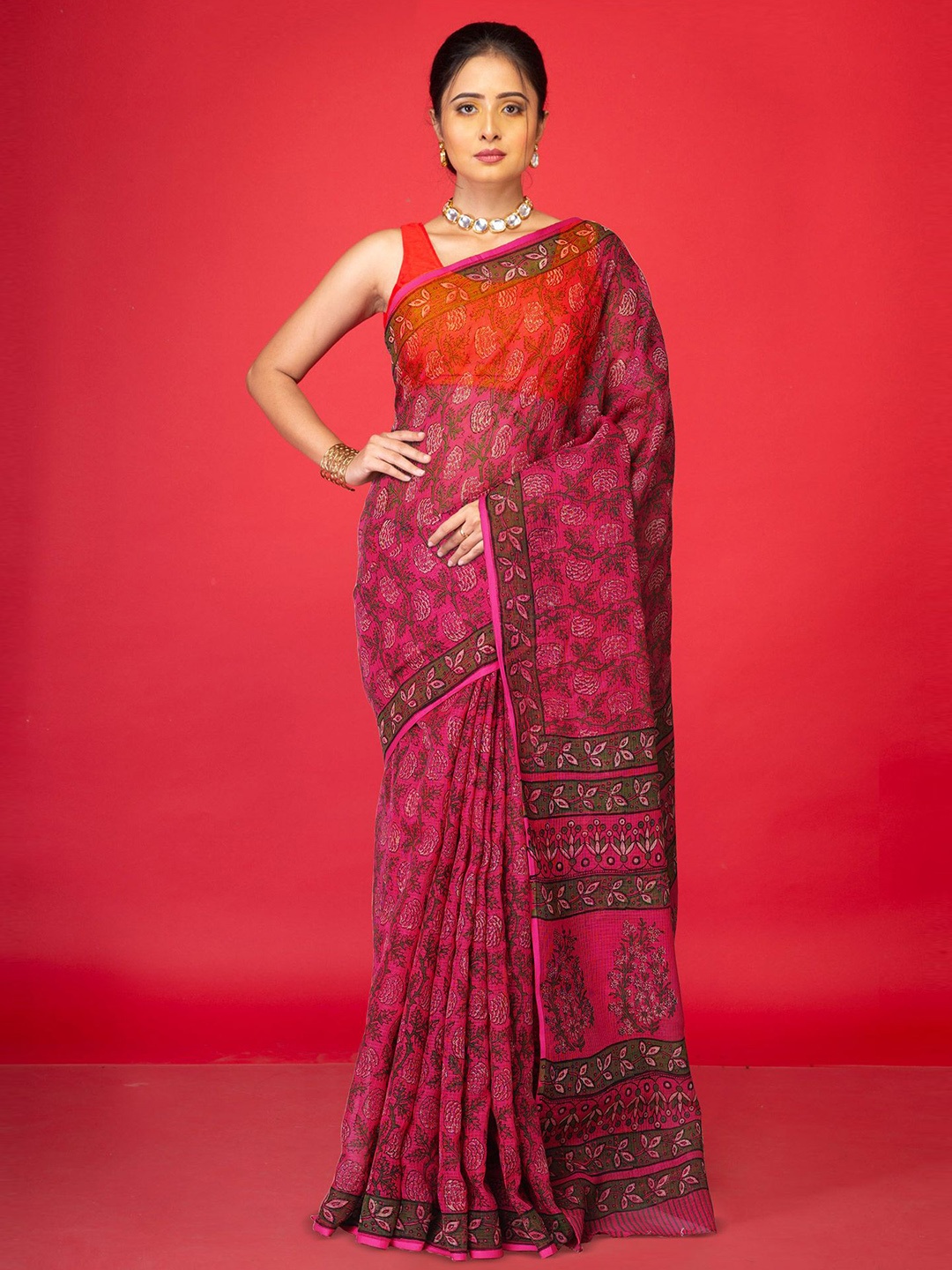 

Unnati Silks Ethnic Motifs Net Handloom Kota Saree and Blouse Piece, Pink