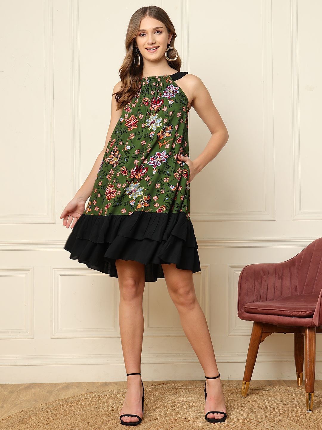 

DEEBACO Floral Printed Sleeveless Halter Neck A-Line Dress, Green