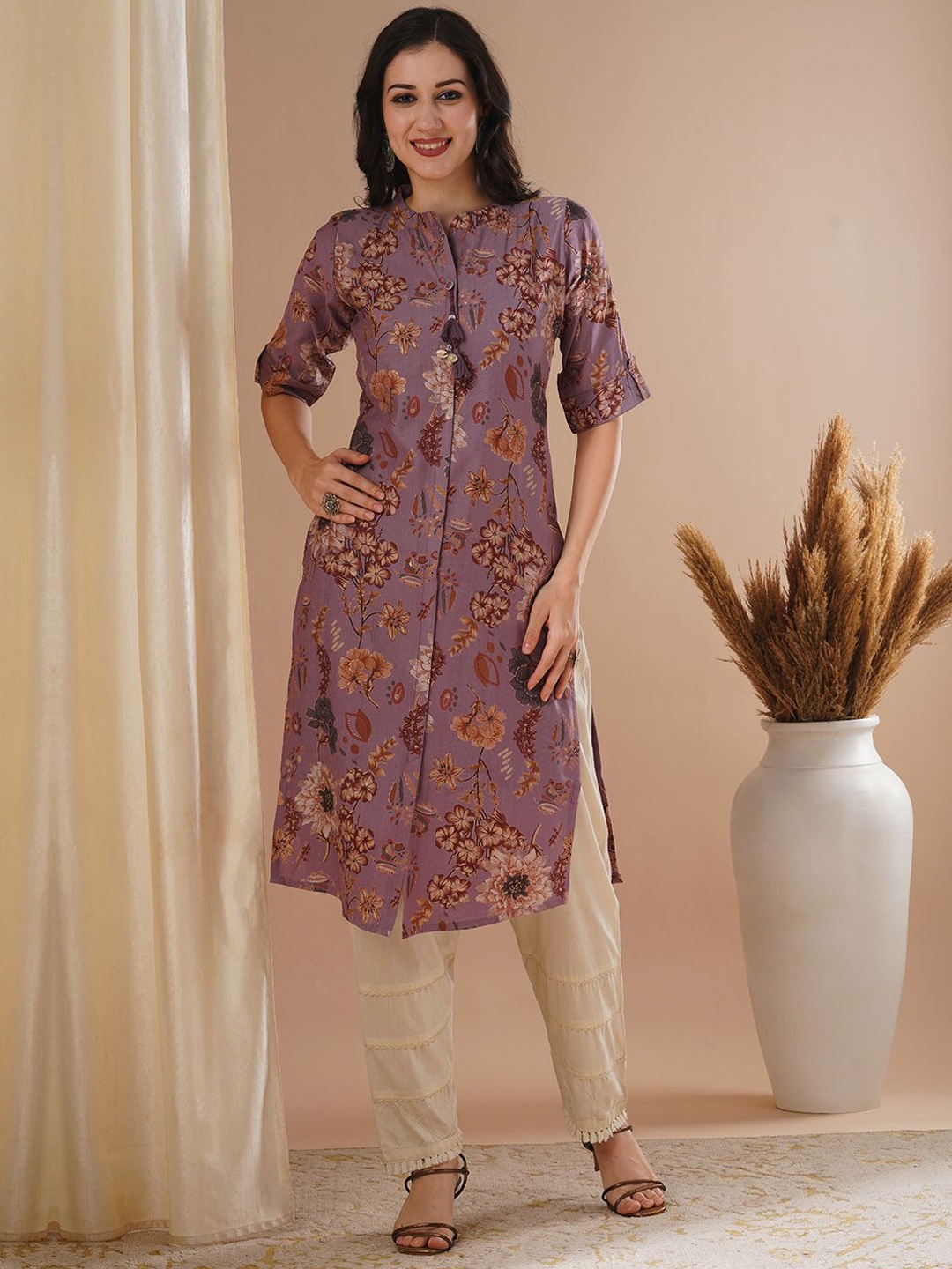 

FASHOR Mauve Floral Printed Mandarin Collar Straight Kurta