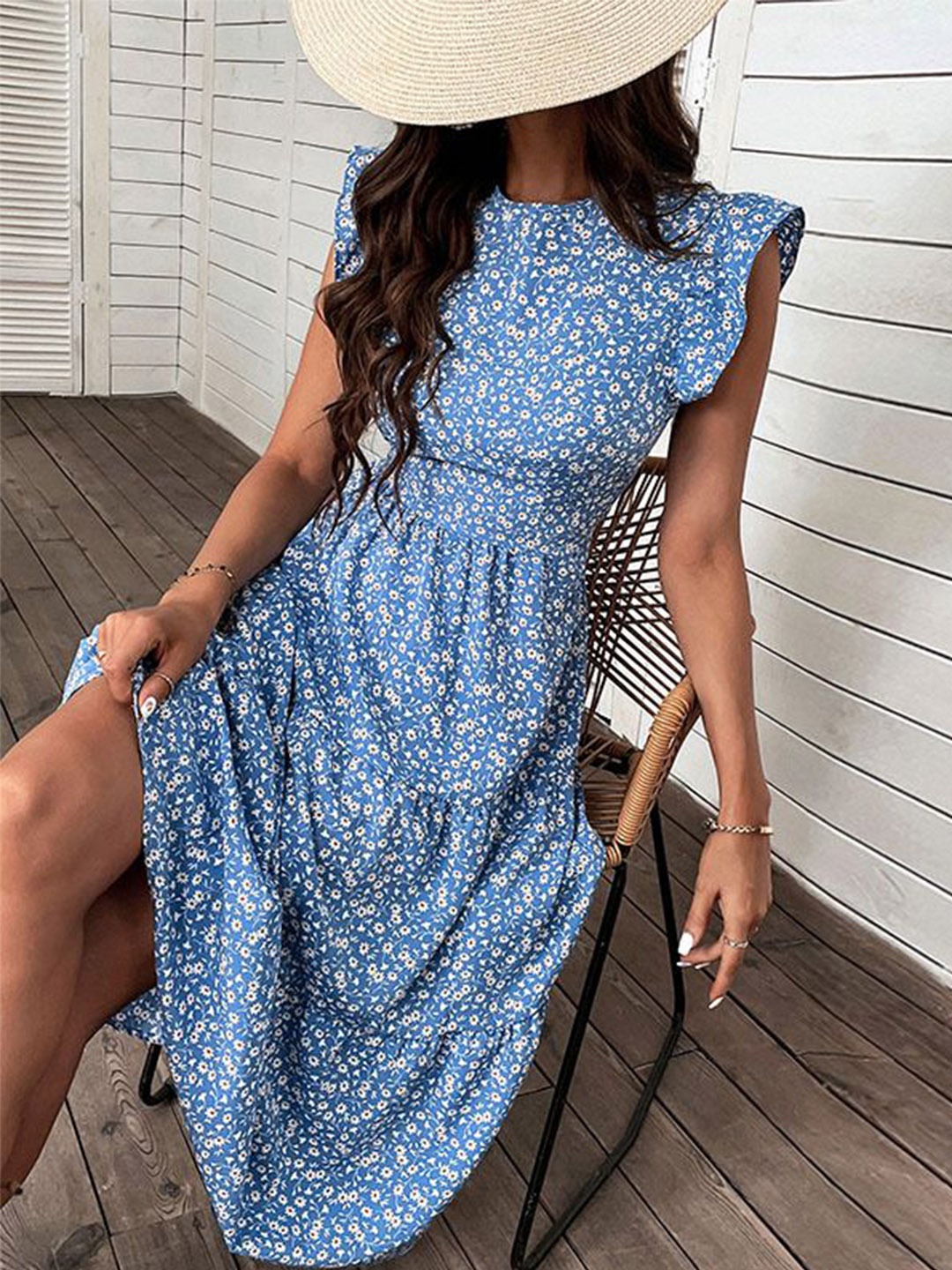 

StyleCast Women Floral Printed Flutter Sleeve A-Line Midi Dress, Blue