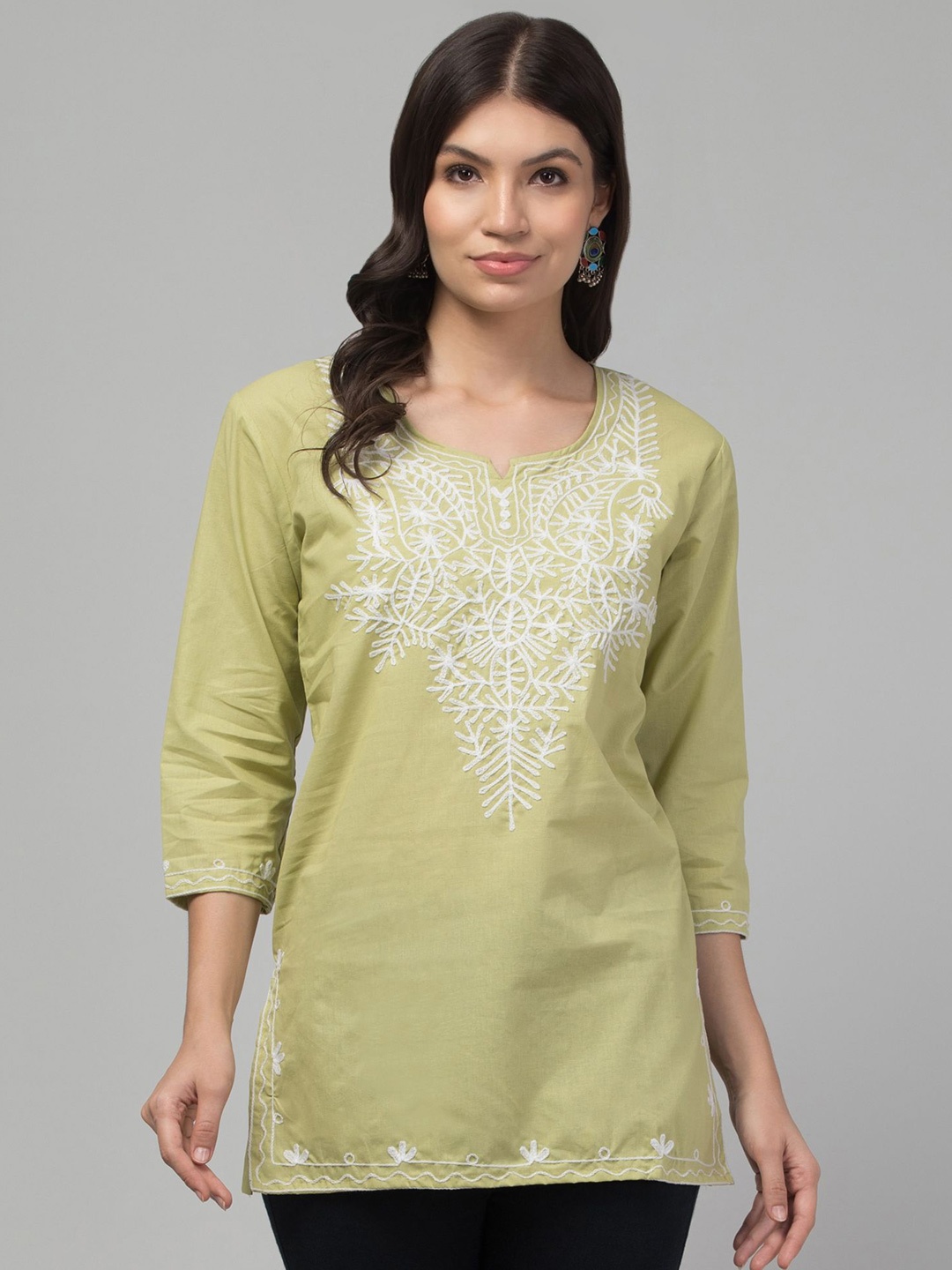 

FAMBEE Women Floral Embroidered Pure Cotton Kurti, Fluorescent green