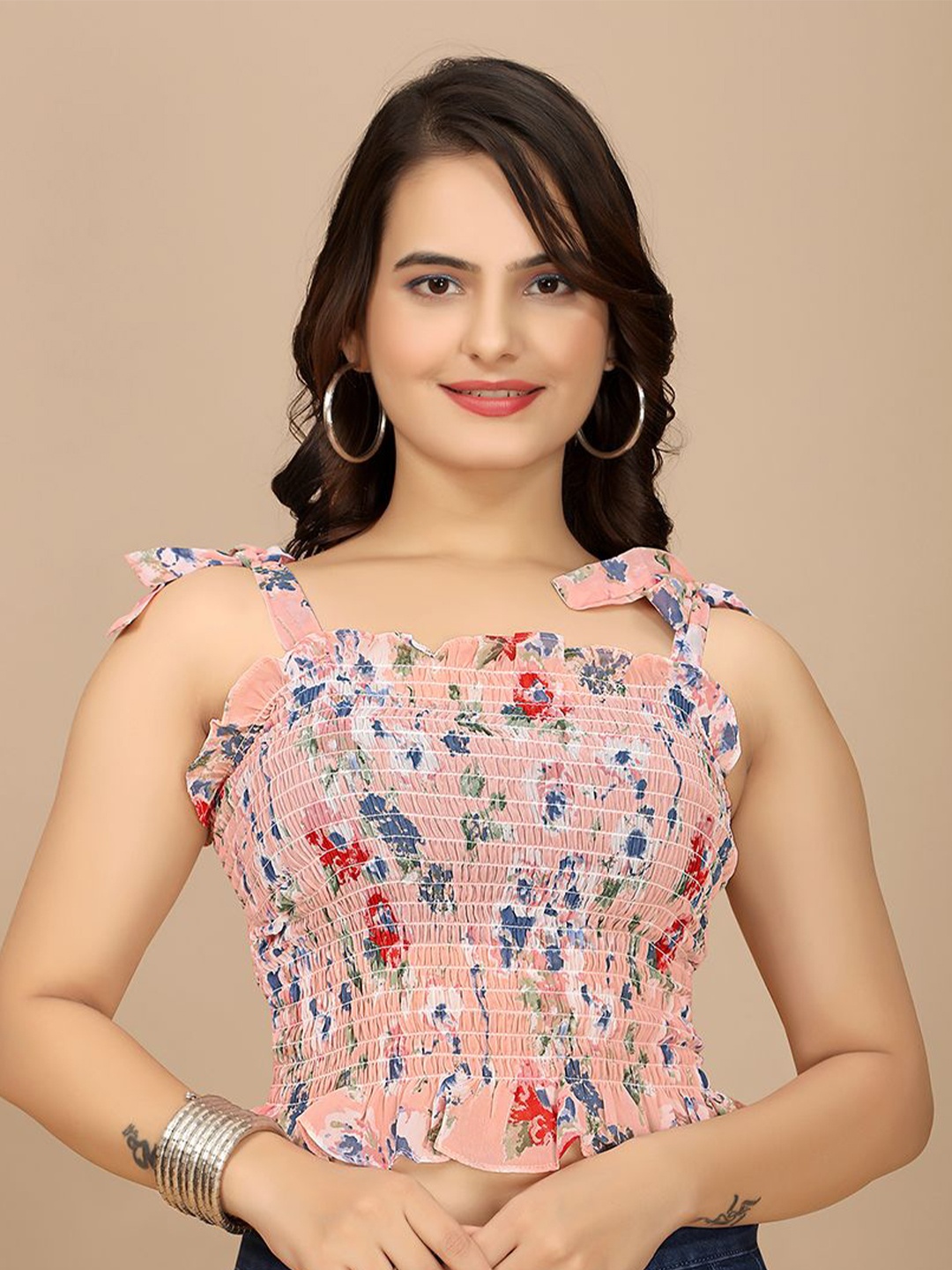 

BAESD Floral Printed Smocked Crop Top, Peach