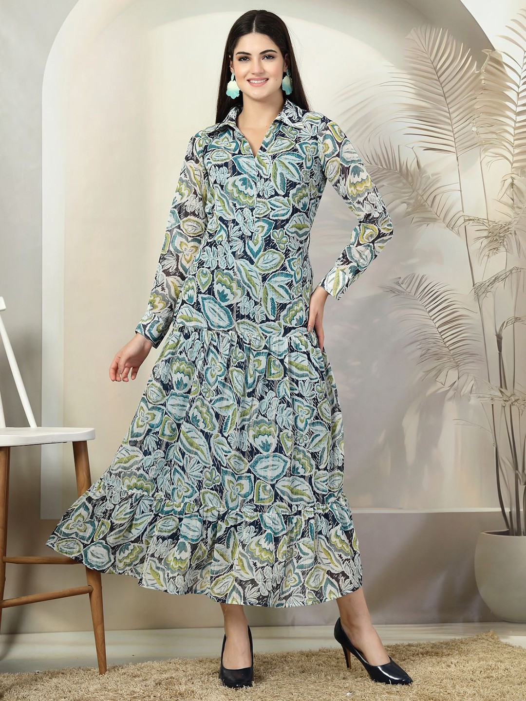

plusS Women Floral Printed Shirt Collar Maxi Dress, Green