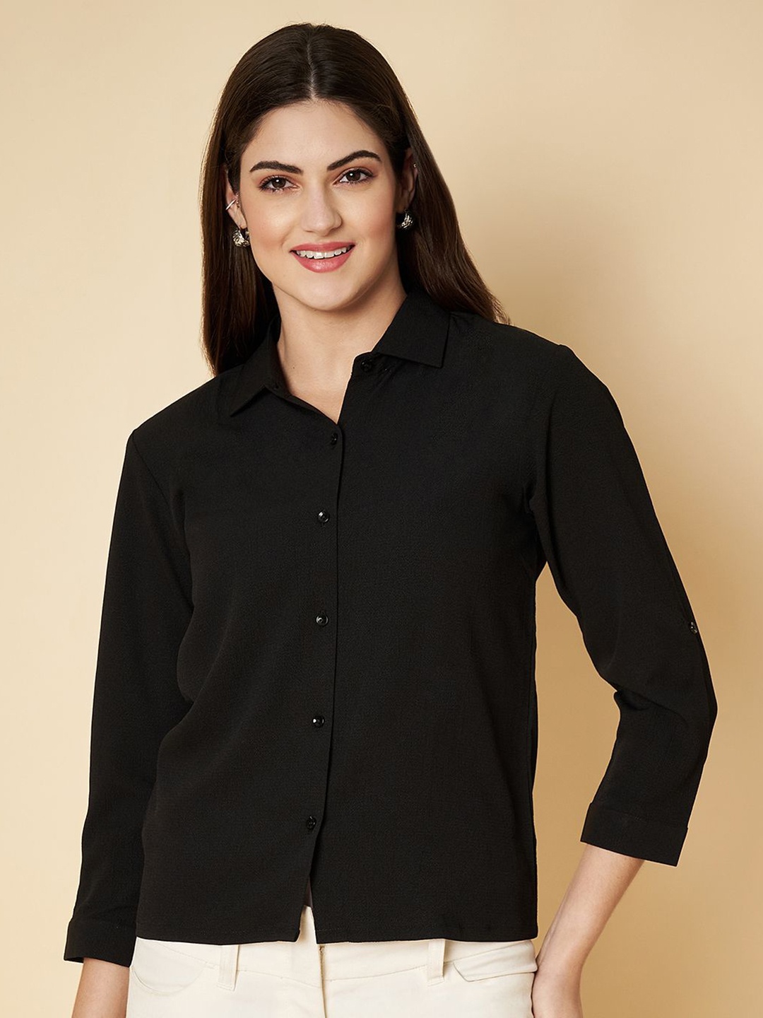

Fbella Women Solid Spread Collar Casual Crop Shirt, Black