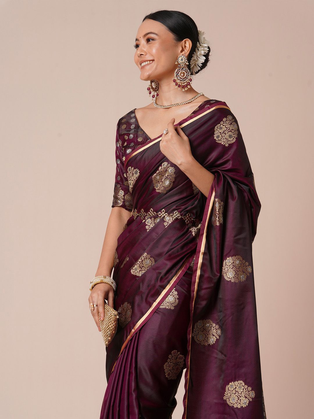 

House of Pataudi Woven Design Banarasi Satin silk Saree, Burgundy