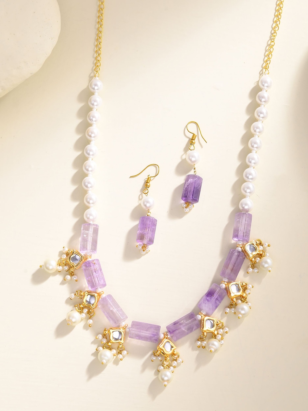 

DASTOOR Gold-Plated Stone-Studded & Beaded Jewellery Set