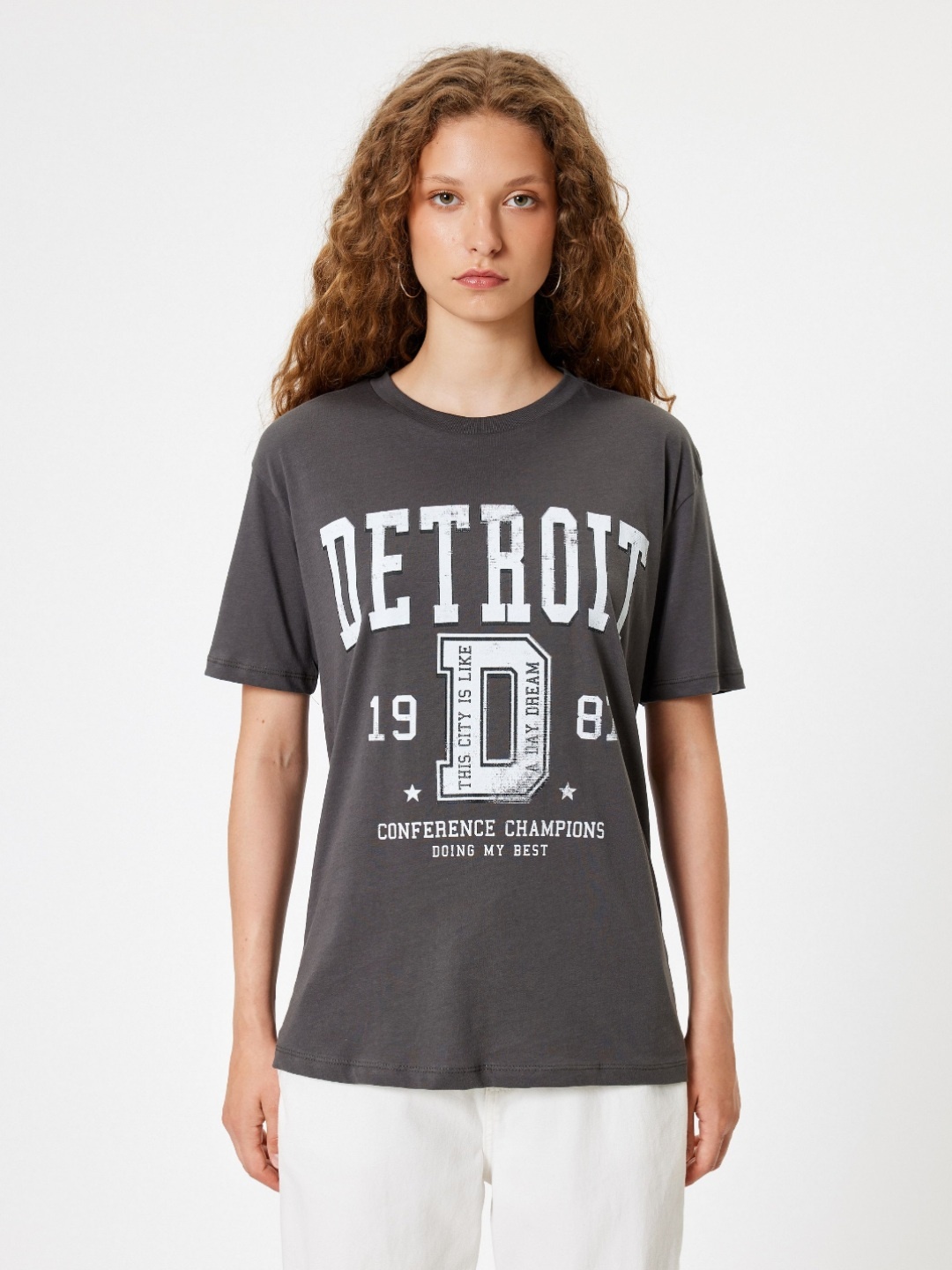 

Koton Women Typography Printed Round Neck Cotton Oversized T-shirt, Grey