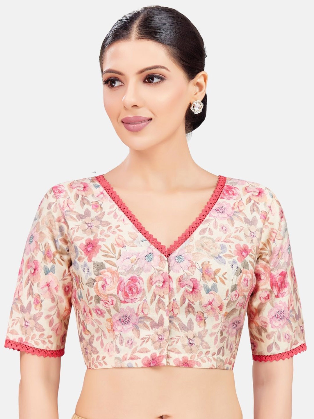 

Studio Shringaar Cotton V Neck Printed Readymade Saree Blouse, Pink