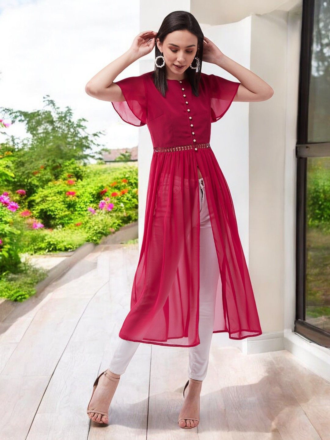 

all about you Women Round Neck Solid Gathered Maxi Top, Pink