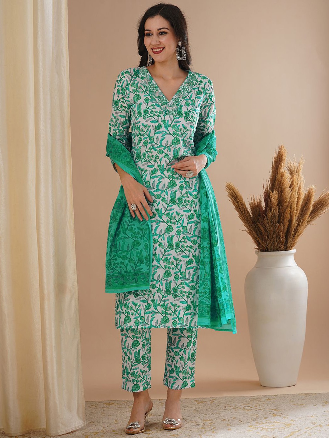 

FASHOR Floral Printed Mirror Work Pure Cotton Straight Kurta With Palazzos & Dupatta, Green