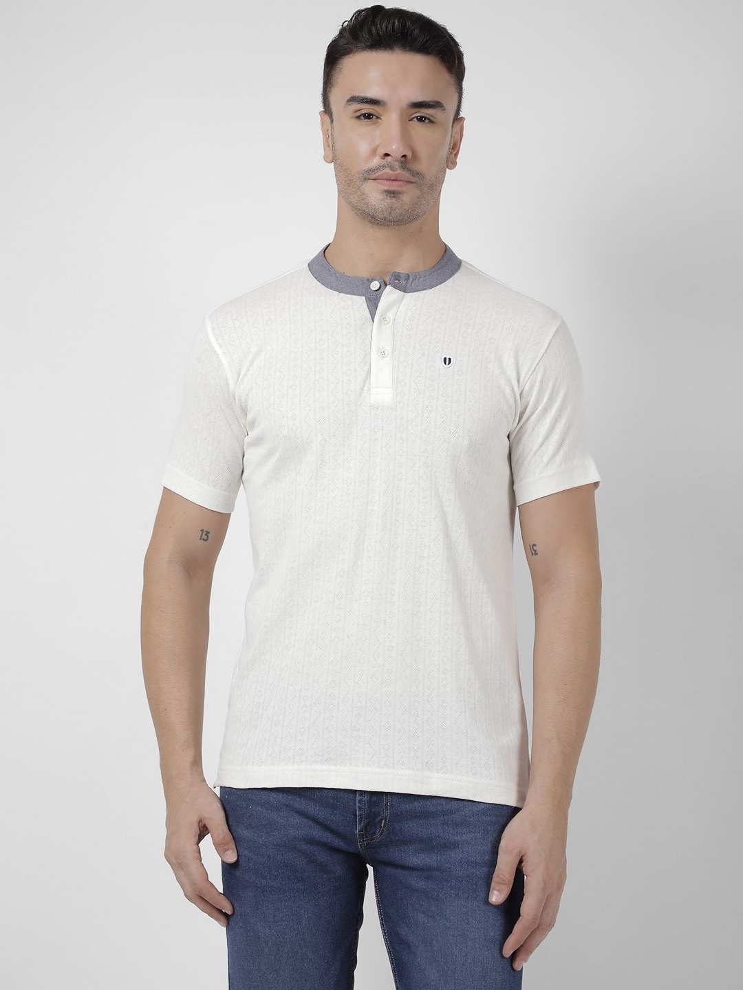 

Numero Uno Men Self Design Henley Neck Cotton T-shirt, White