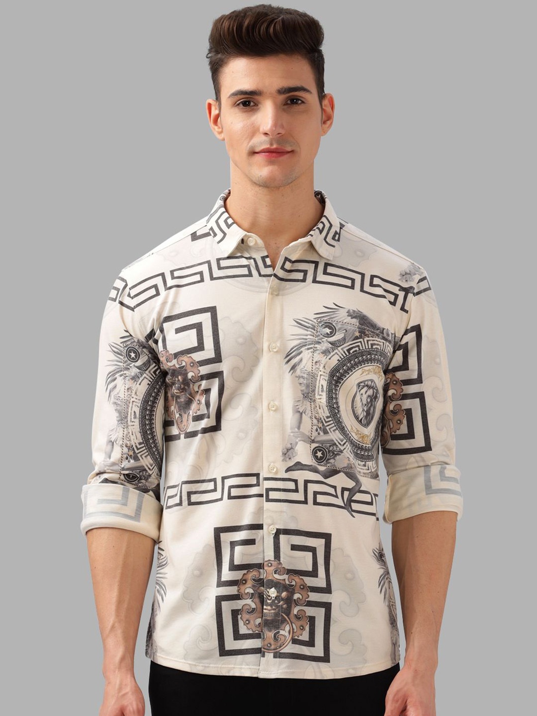 

BULLMER Men Spread Collar Graphic Printed Cotton Casual Shirt, Beige