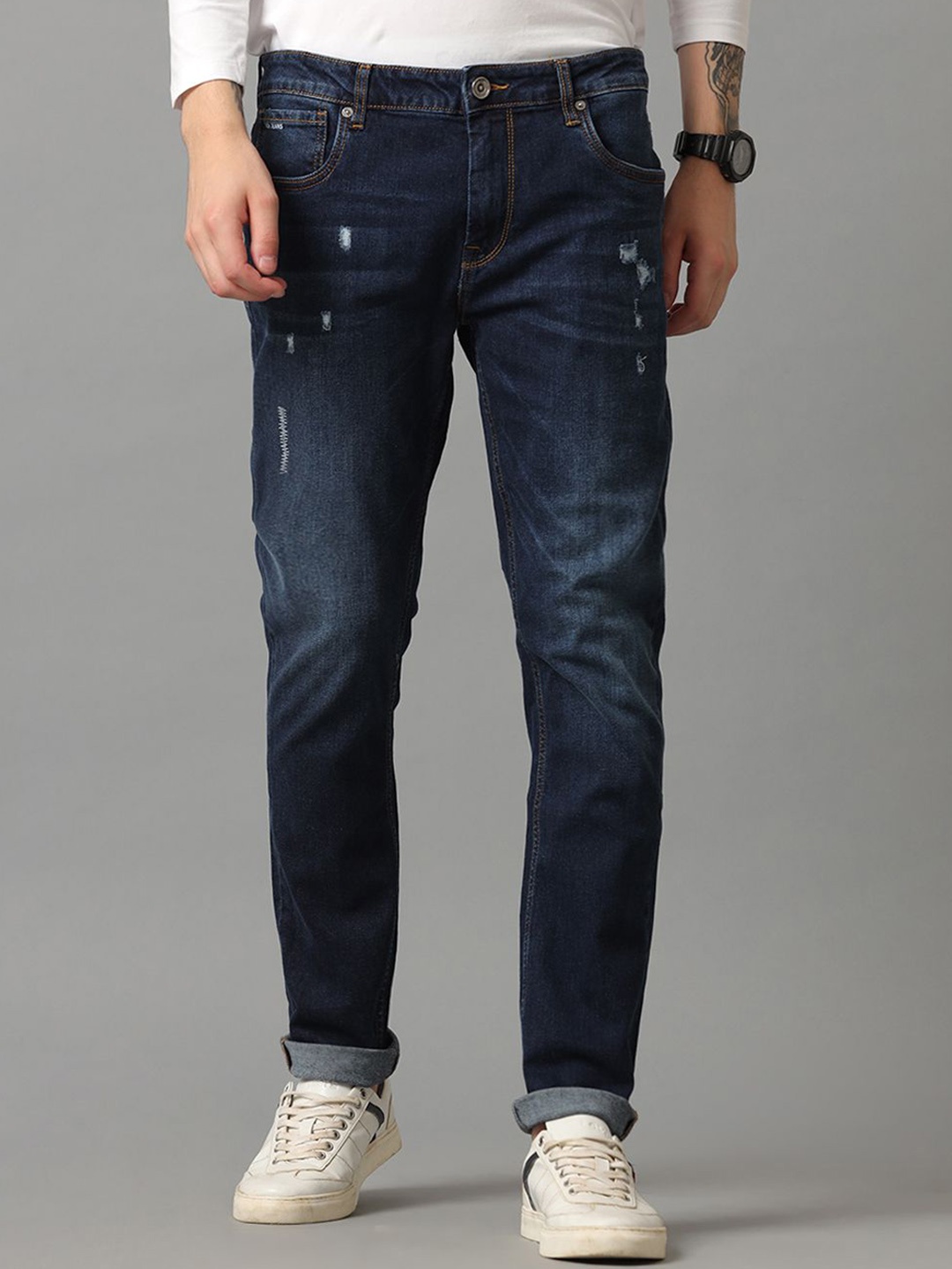 

Voi Jeans Men Skinny Fit Low Distress Light Fade Stretchable Jeans, Blue