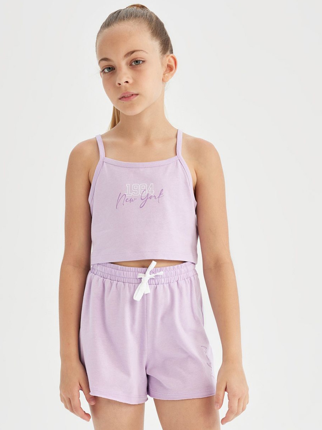 

DeFacto Girls Printed Shoulder Straps Pure Cotton Top With Shorts, Lavender