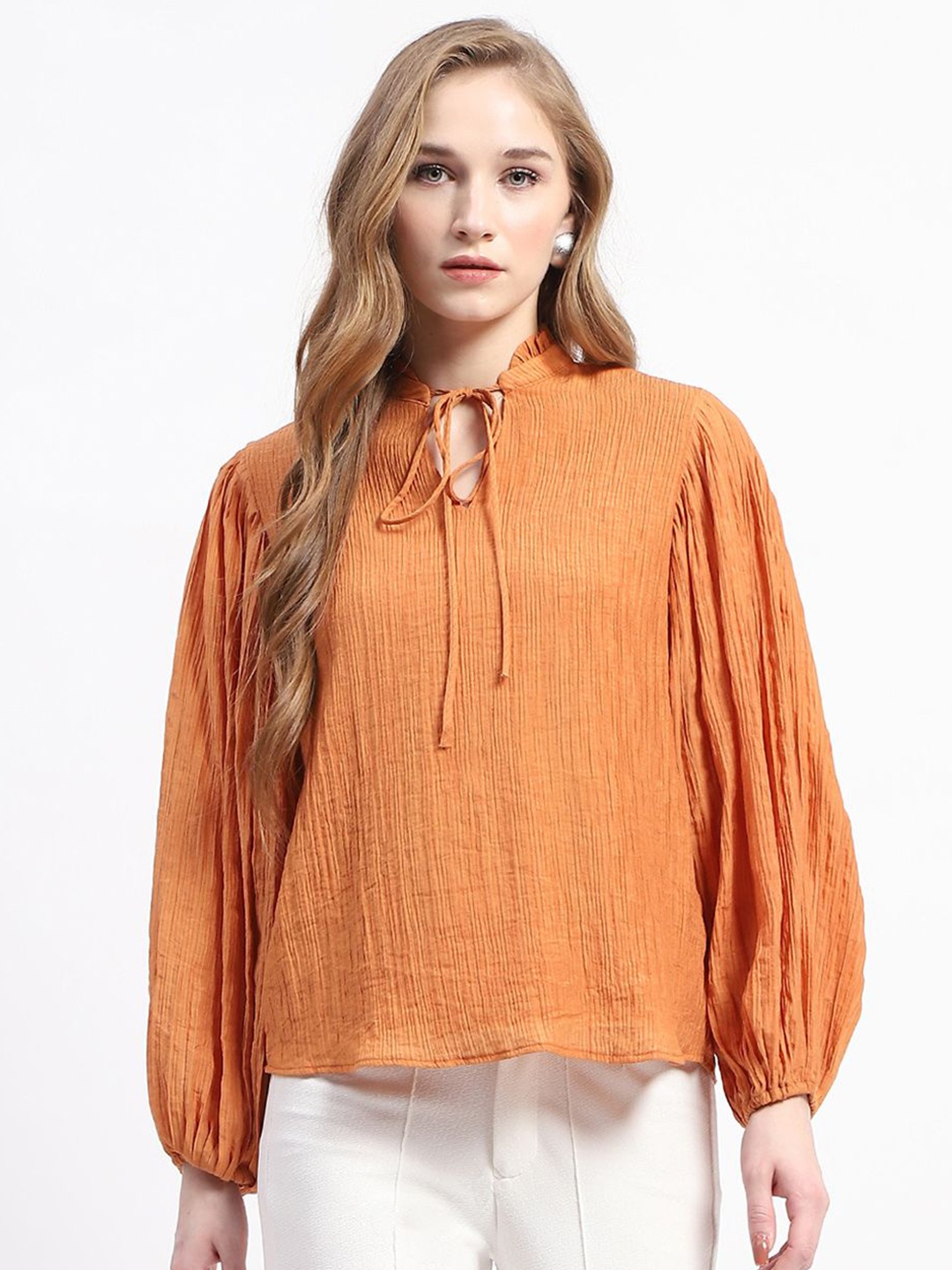 

Madame Women Self Design Tie-Up Neck Top, Orange