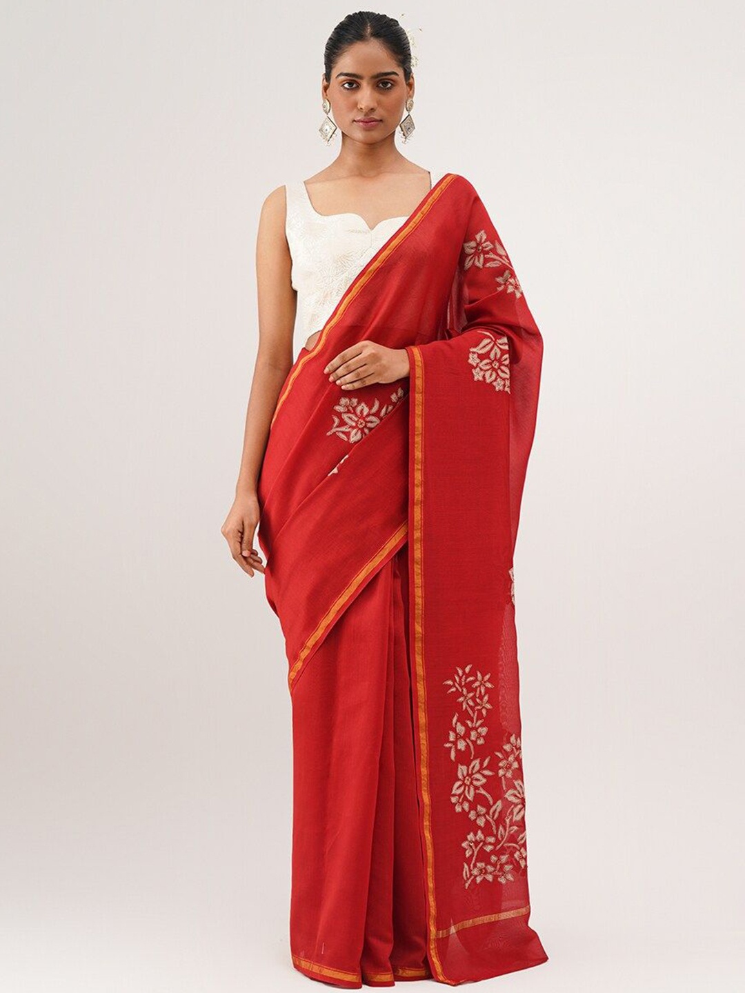 

JAYPORE Floral Patchwork Silk Cotton Saree, Red