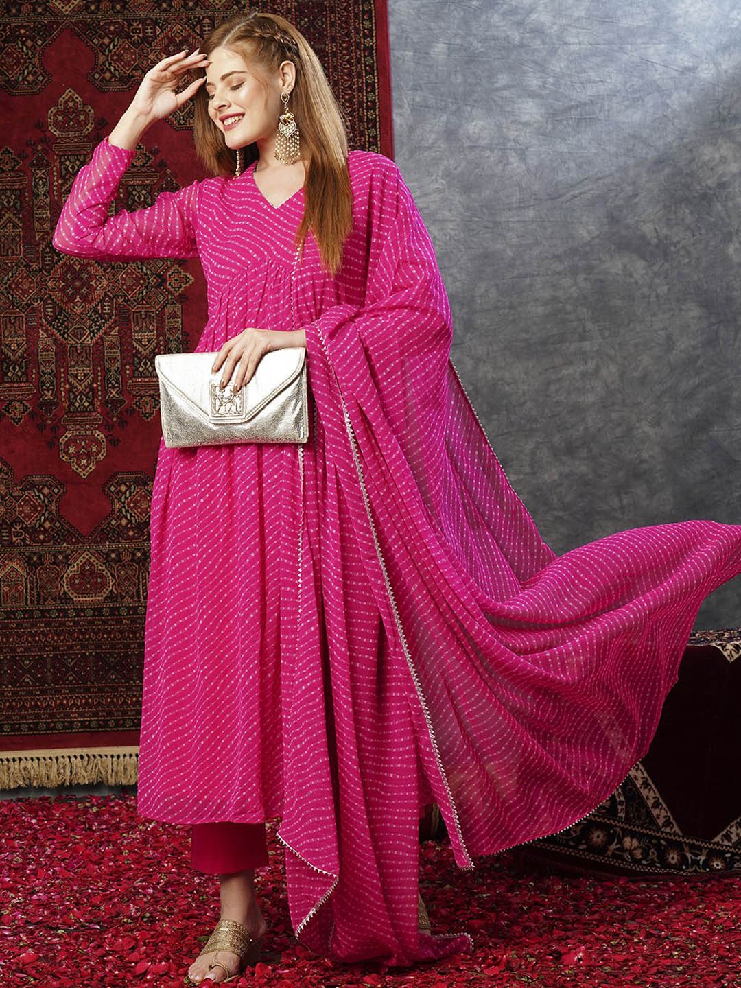 

Anni Designer Leheriya Printed Empire Gotta Patti A-Line Kurta with Trousers & Dupatta, Pink