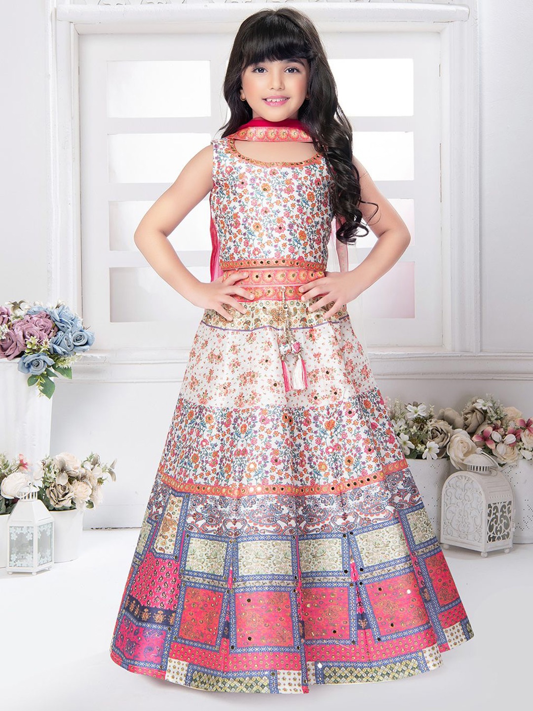 

Tiny Kingdom Girls Embroidered Mirror Work Ready to Wear Lehenga & Blouse With Dupatta, White