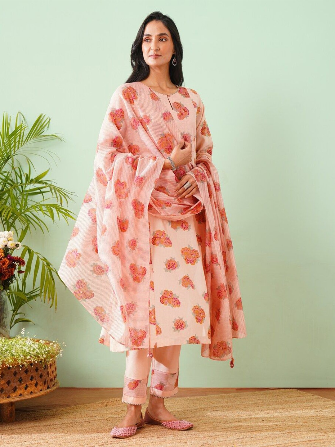 

JAYPORE Floral Printed Pure Cotton Dupatta, Pink