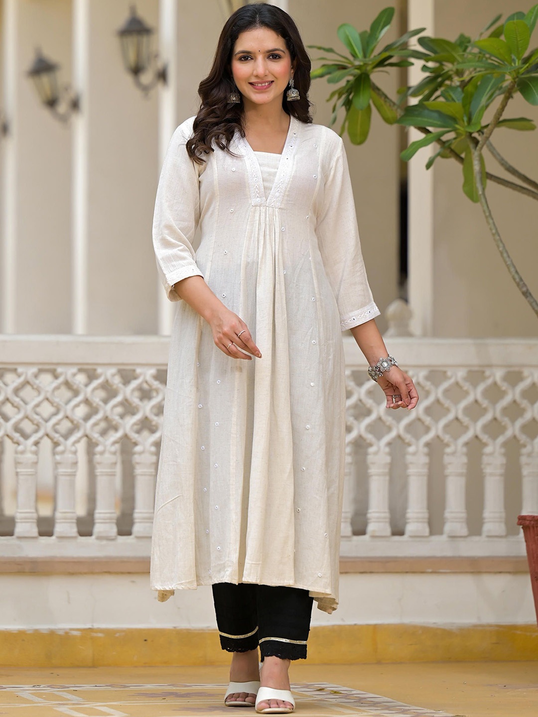 

Juniper V-Neck Regular A-Line Mirror Work Straight Kurta, Off white