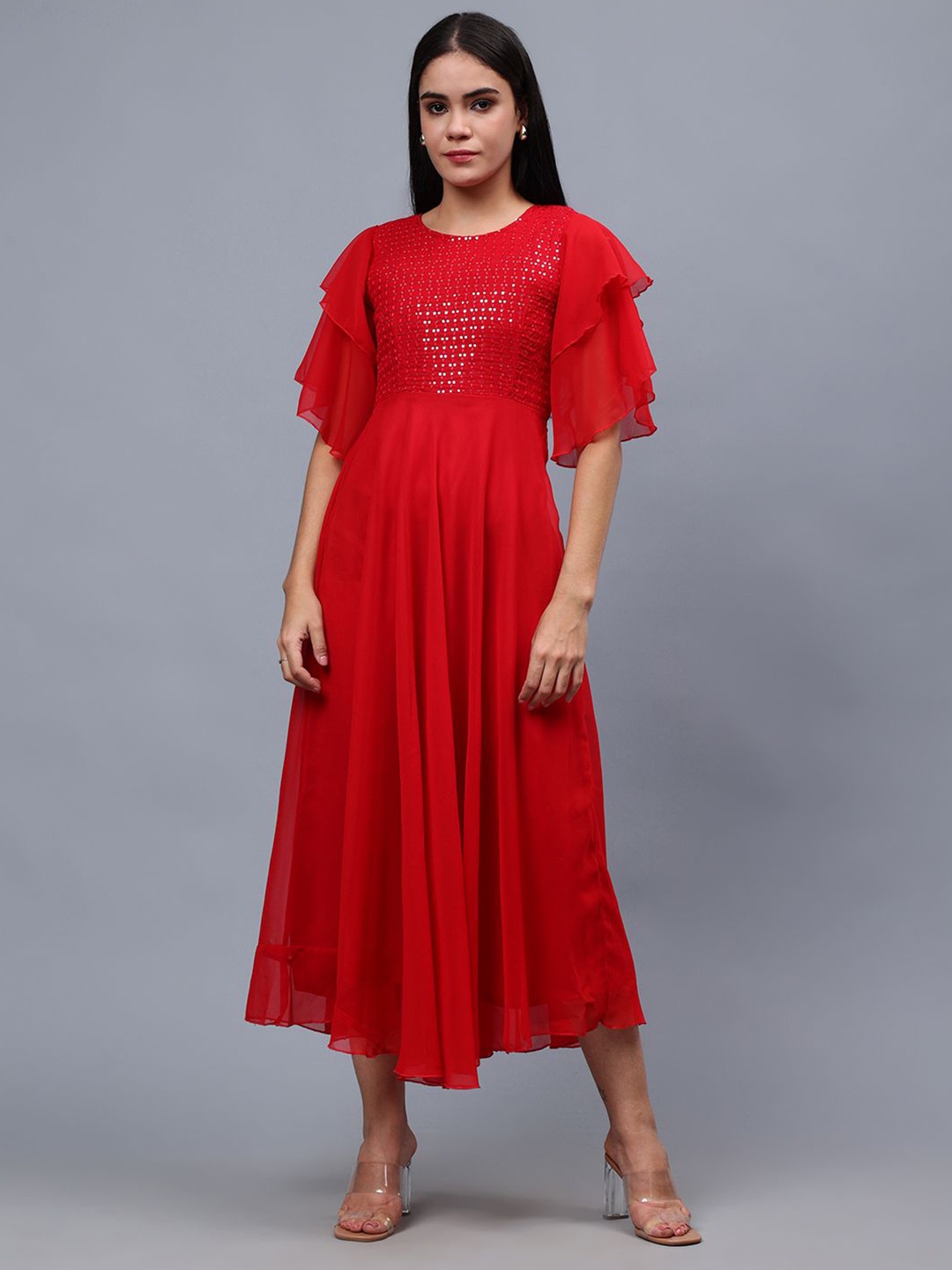 

Frolic Rolic Embellished Georgette Flutter Sleeves Round Neck Maxi Dress, Red
