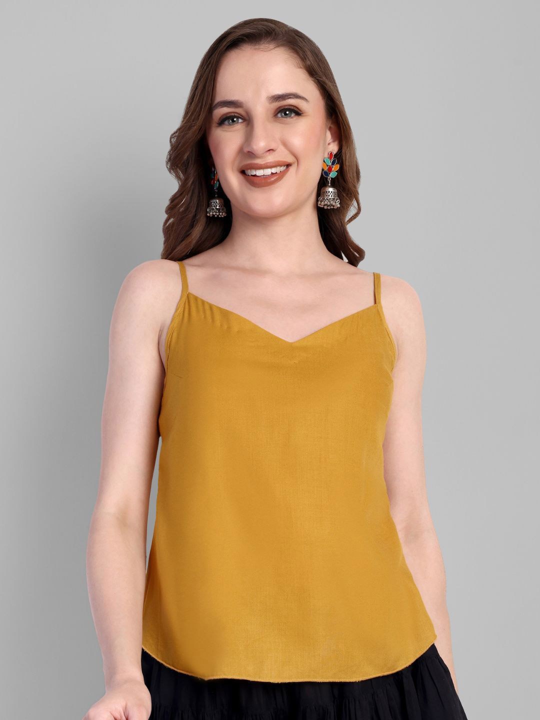 

Mera Rang Women Solid V-Neck Cotton Top, Mustard