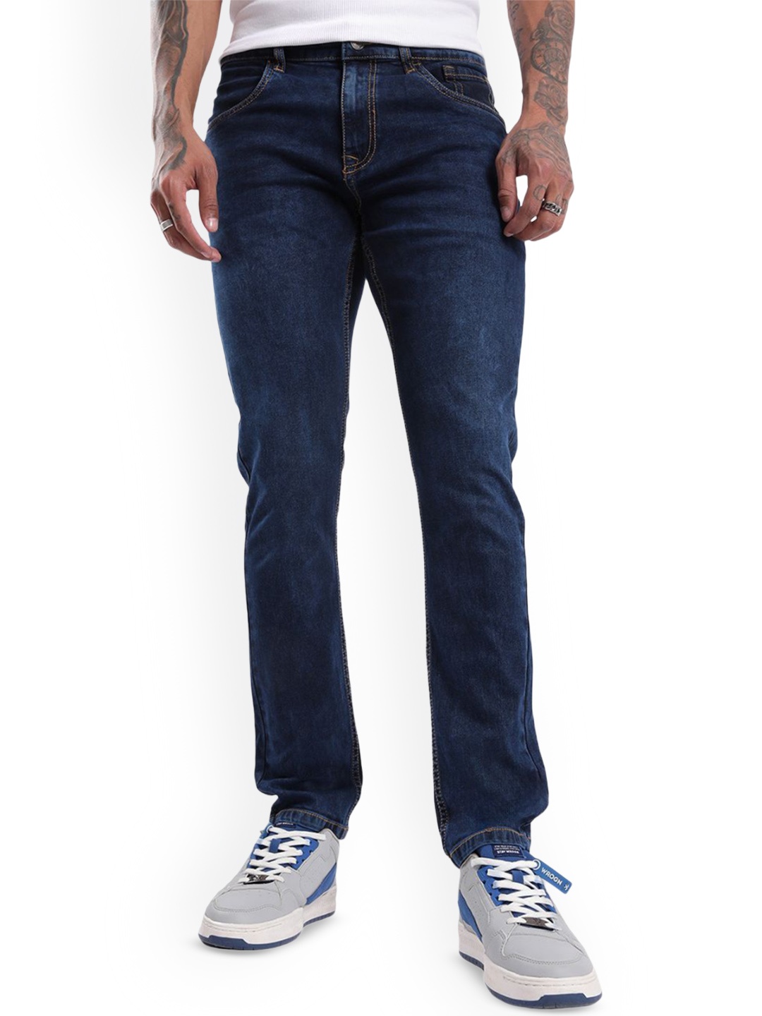 

WROGN Men Classic Slim Fit Mid-Rise Cotton Jeans, Blue