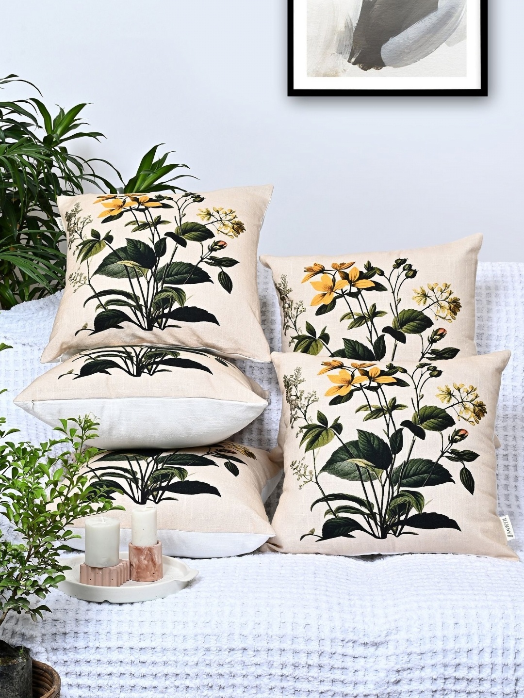 

ANWYN Beige & Mustard 5 Pieces Floral Printed Square Cushion Covers