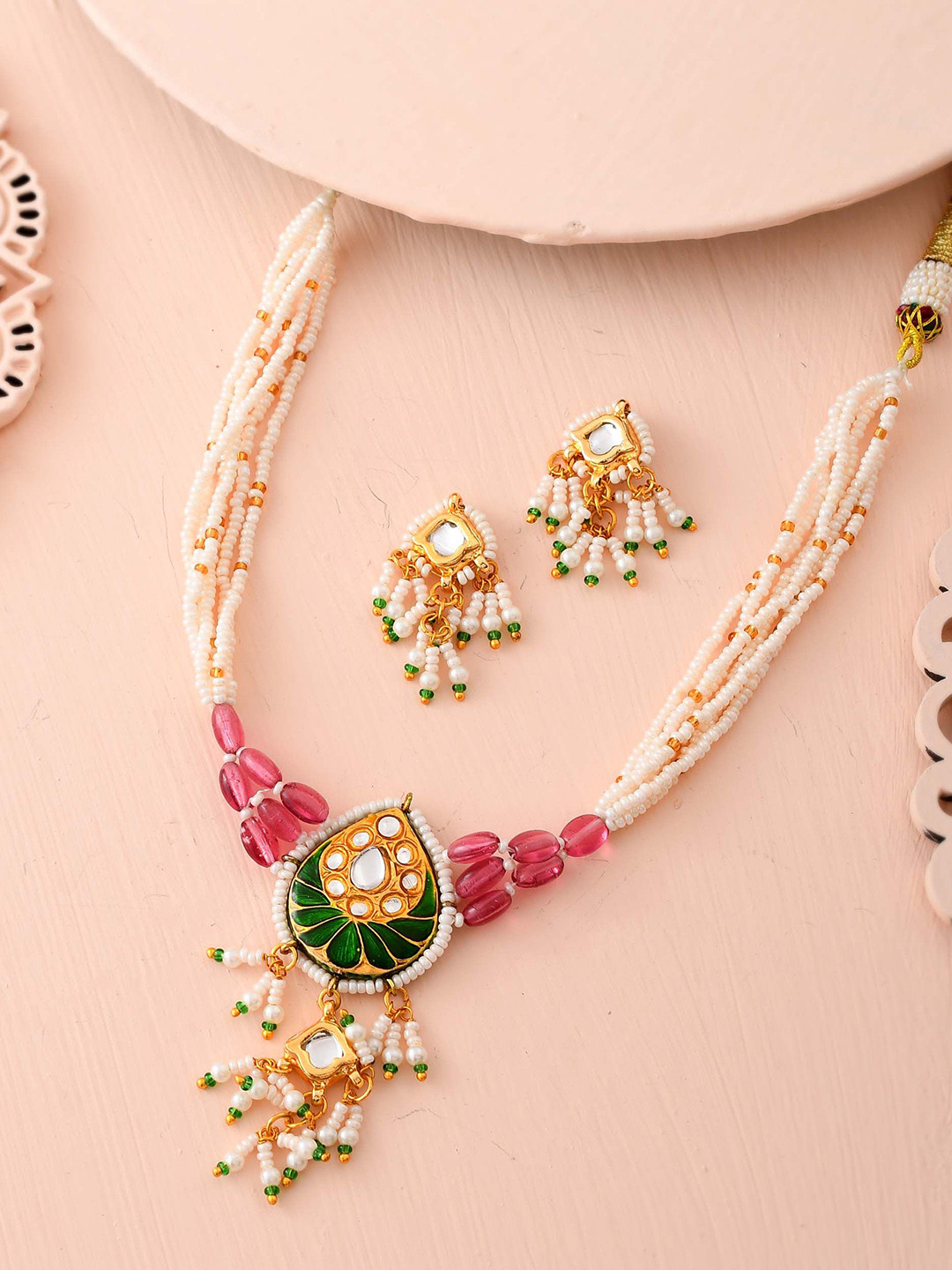 

DASTOOR Gold-Plated Stone-Studded & Beaded Necklace & Earrings