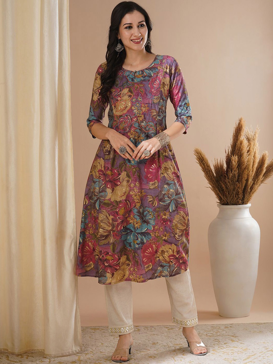 

FASHOR Mauve & Beige Floral Printed Keyhole Neck A-Line Kurta