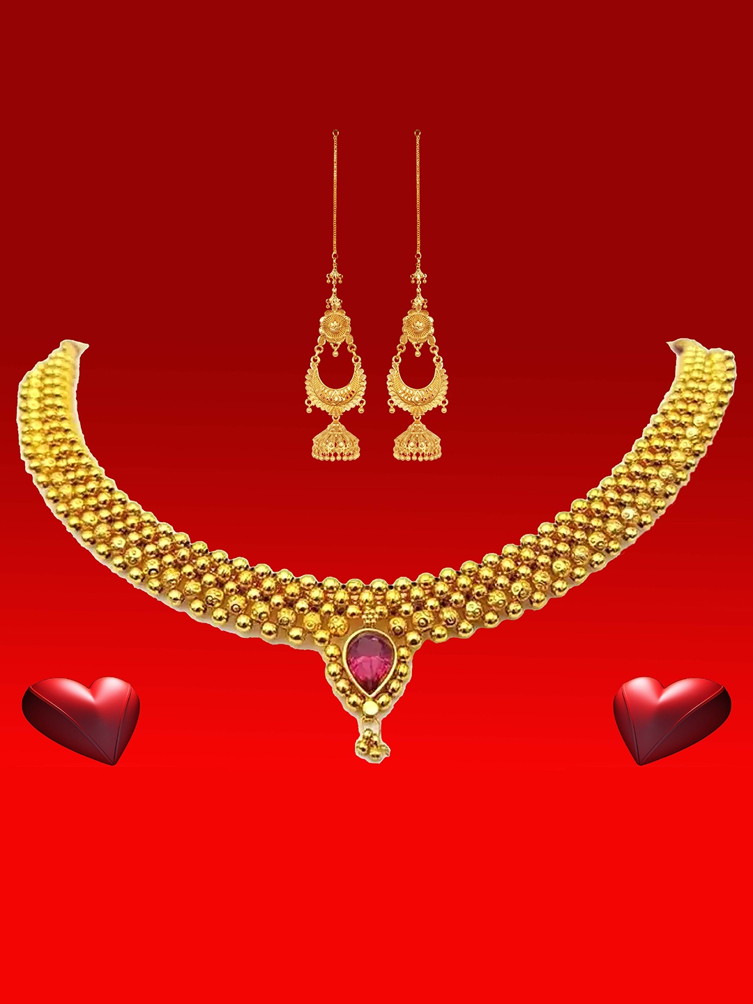 

Heer Collection Gold Plated Ethnic Matte Finish Thushi Choker Necklace and Earrings