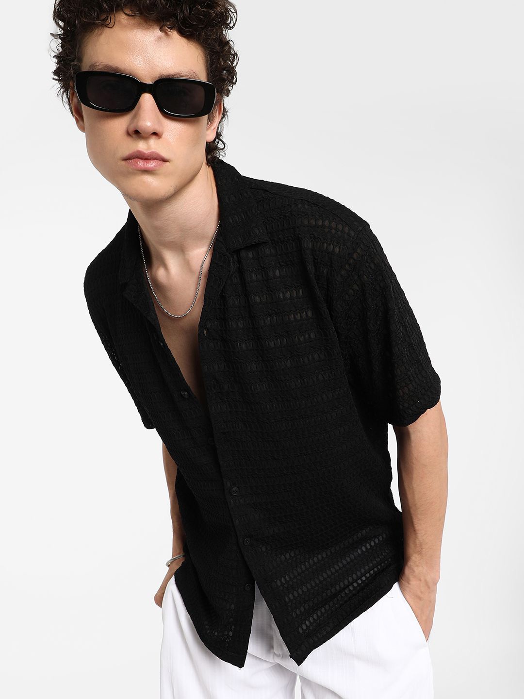

Campus Sutra Men Comfort Cuban Collar Textured Cotton Casual Shirt, Black