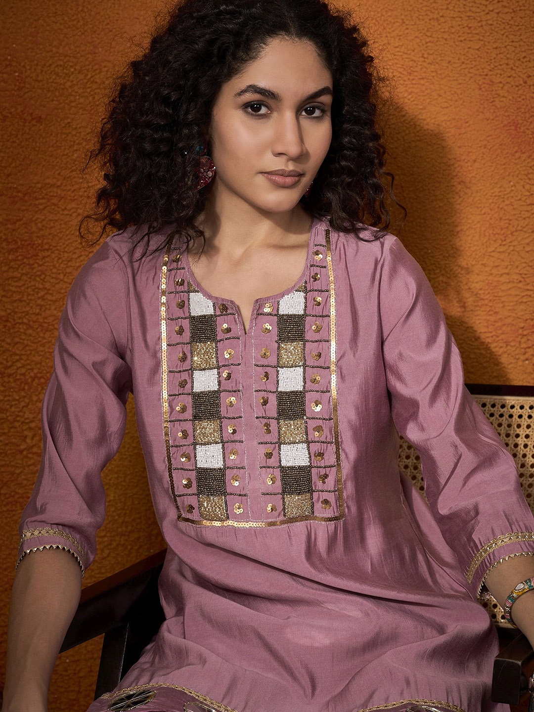 

Sangria Women Embroidered Tunic With Trouser Co-Ords, Mauve