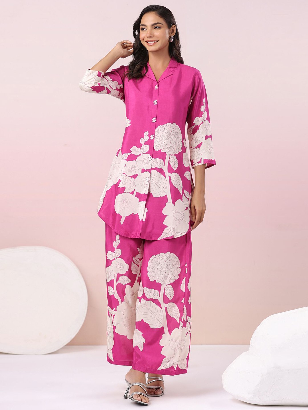 

JISORA Pink Printed Pure Silk Shirt WIth Palazzo