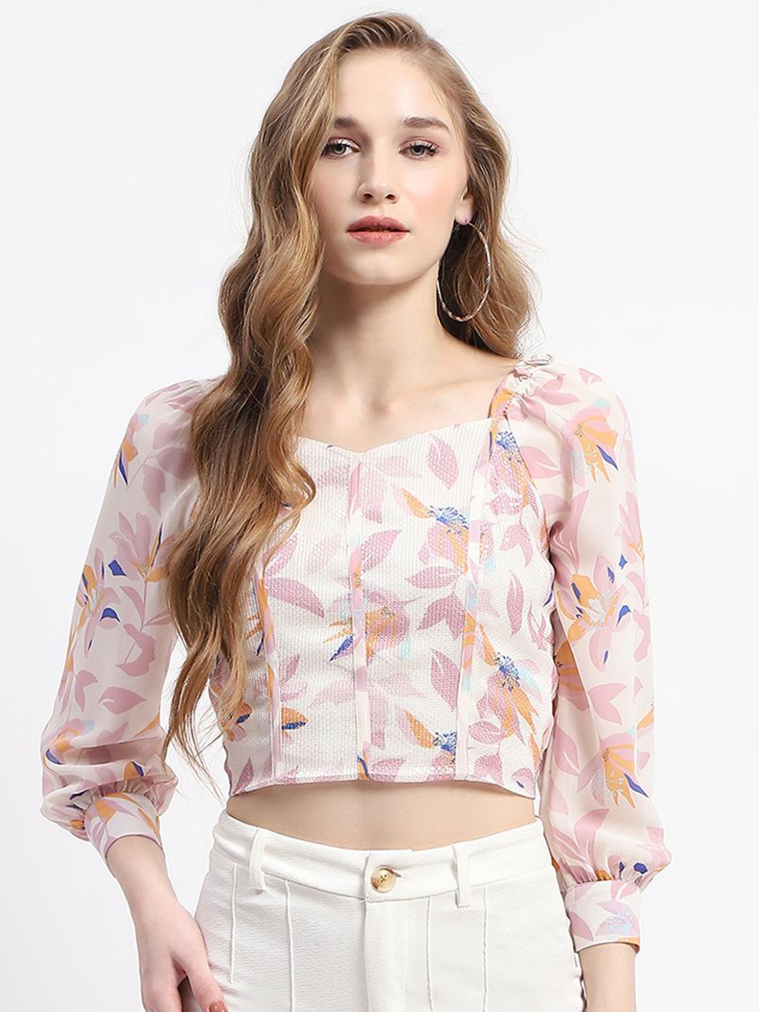 

Madame Women Floral Printed Square Neck Top, Off white