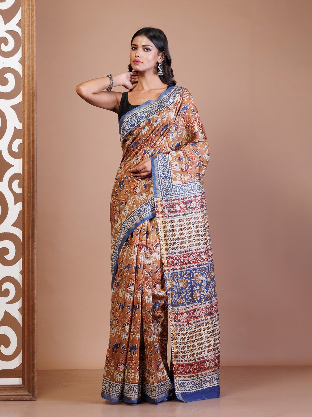 

Unnati Silks Ethnic Motifs Zari Handloom Chanderi Saree, Brown