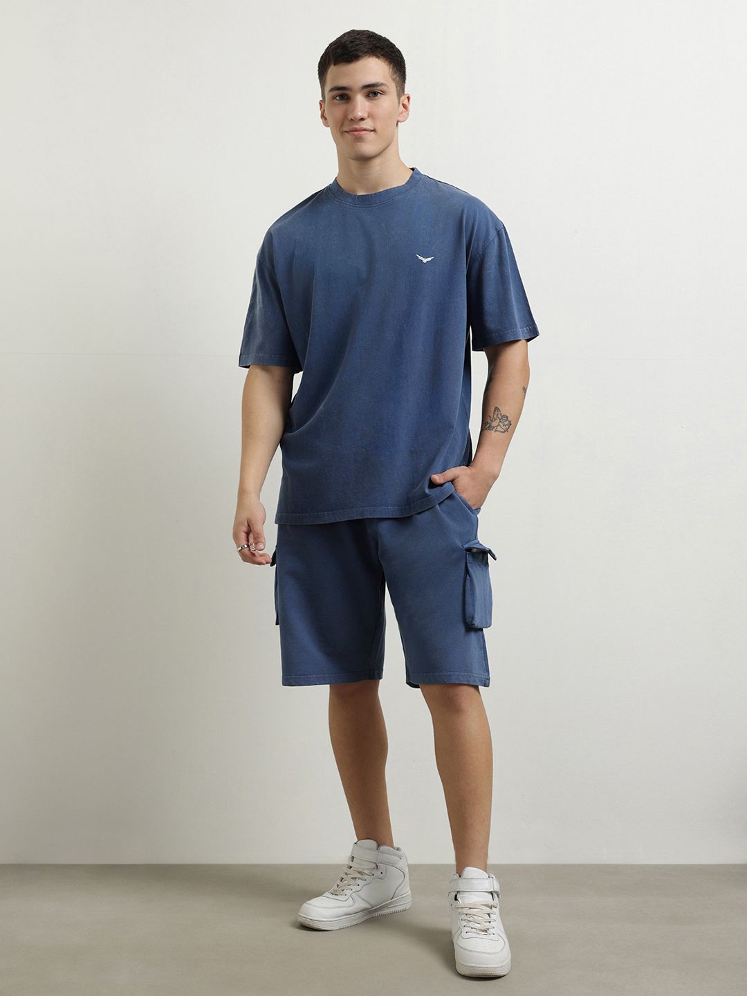 

NOBERO Pure Cotton Oversized T-Shirt With Shorts Co-ord Set, Blue