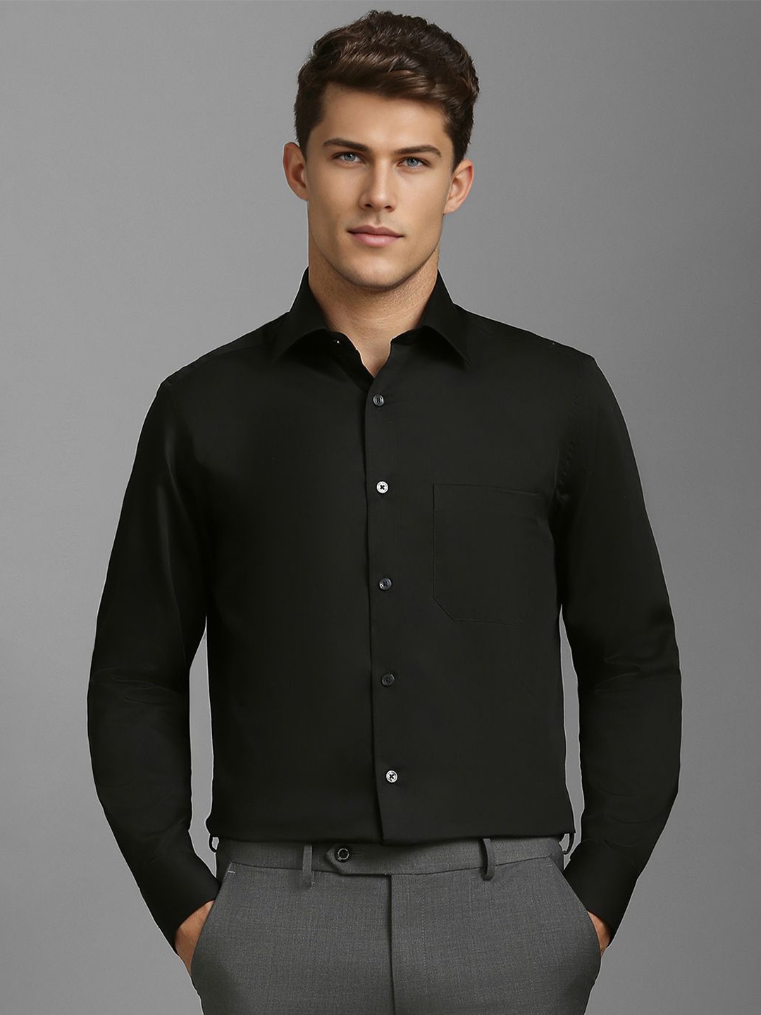 

Louis Philippe Men Classic Spread Collar Solid Cotton Formal Shirt, Black