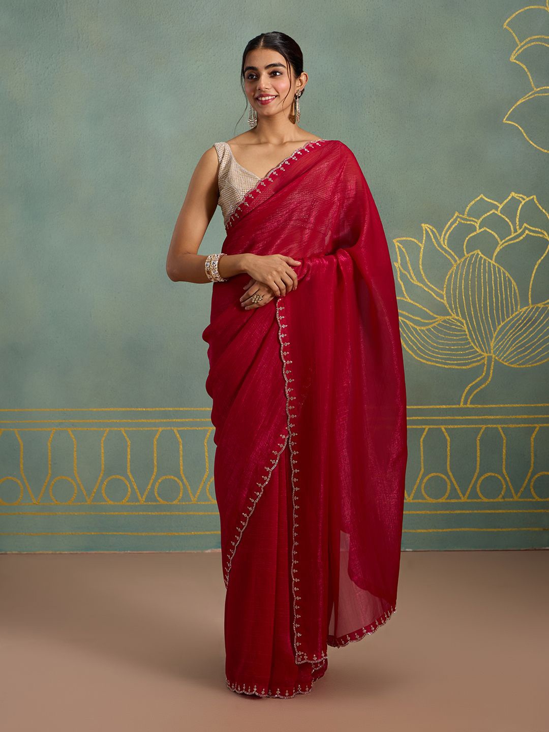 

Likha Beads and Stones Saree, Red