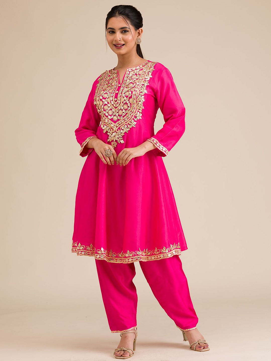 

Koskii Floral Embroidered Zari A-Line Kurta with Salwar & Dupatta, Pink