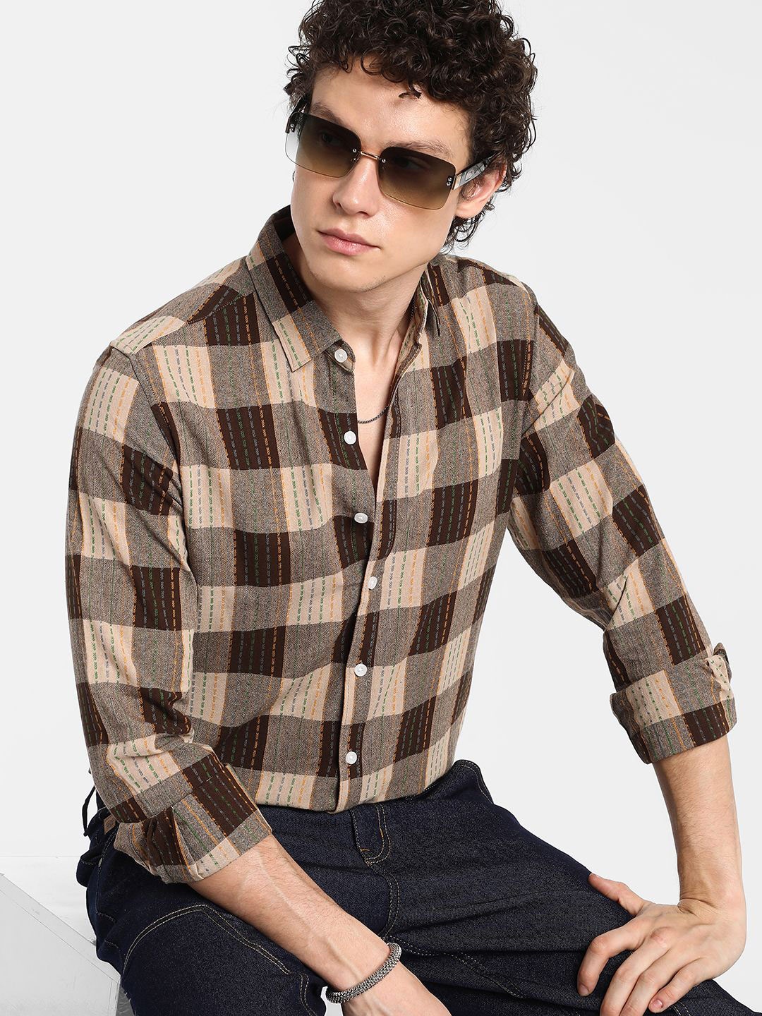 

Campus Sutra Men Comfort Spread Collar Tartan Checked Cotton Casual Shirt, Brown