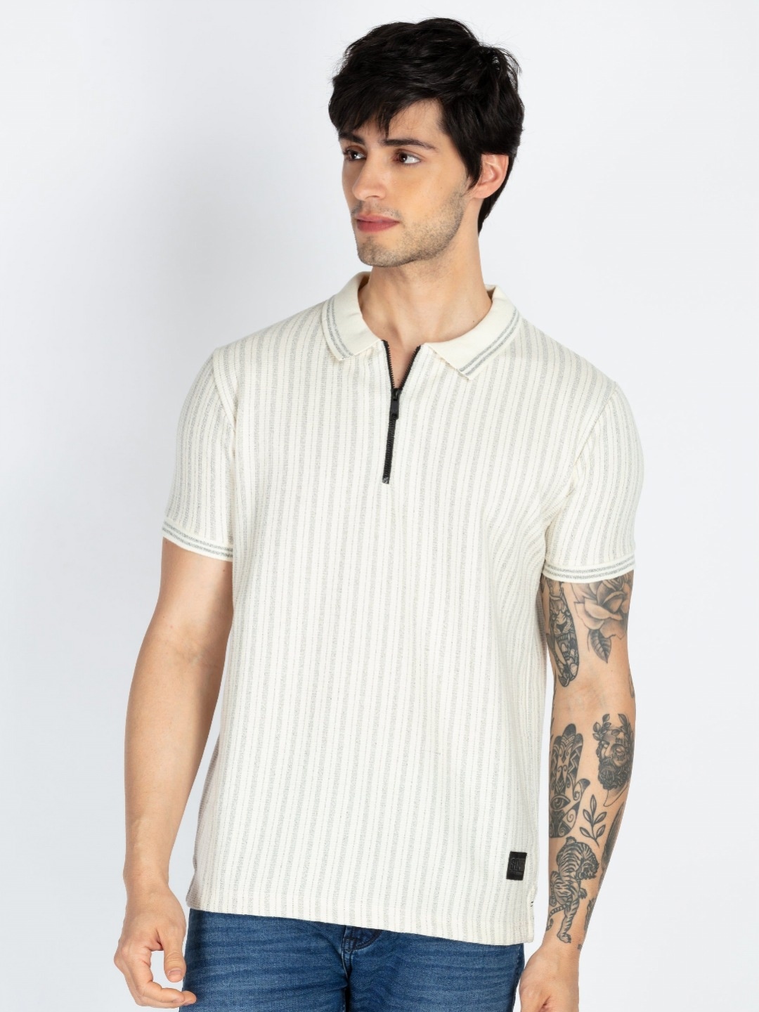 

Status Quo Men Striped Polo Collar Cotton T-shirt, Off white