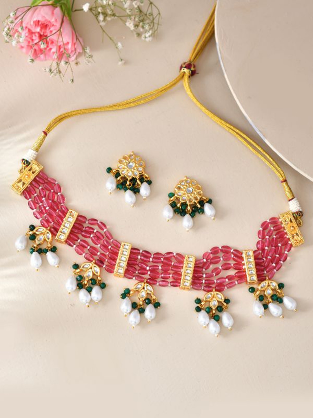 

DASTOOR Gold-Plated Stone-Studded & Beaded Necklace and Earrings