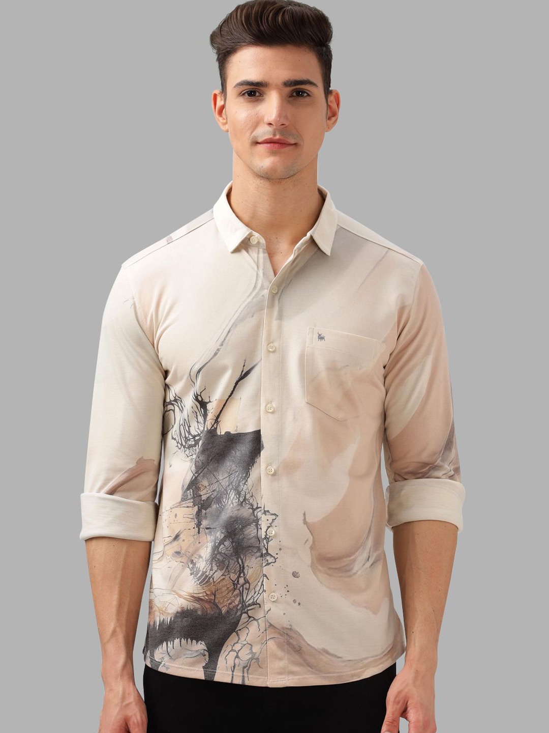 

BULLMER Men Spread Collar Abstract Printed Cotton Casual Shirt, Beige