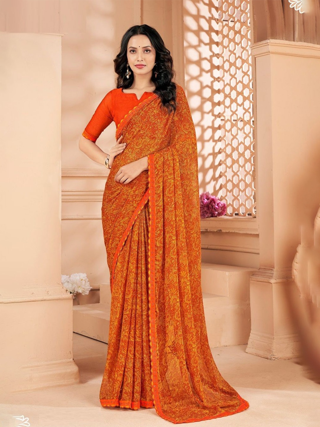 

Reboot Fashions Paisley Printed Pure Chiffon Saree, Orange