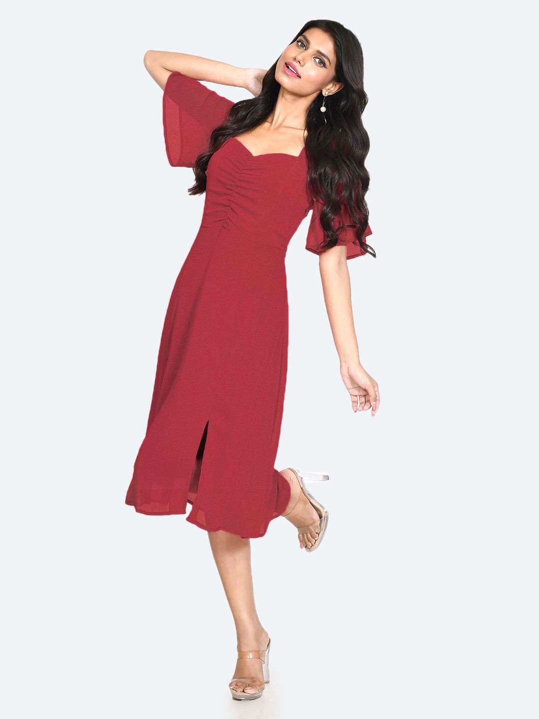 

Zink London Sweetheart Neck A-Line Midi Dress, Red