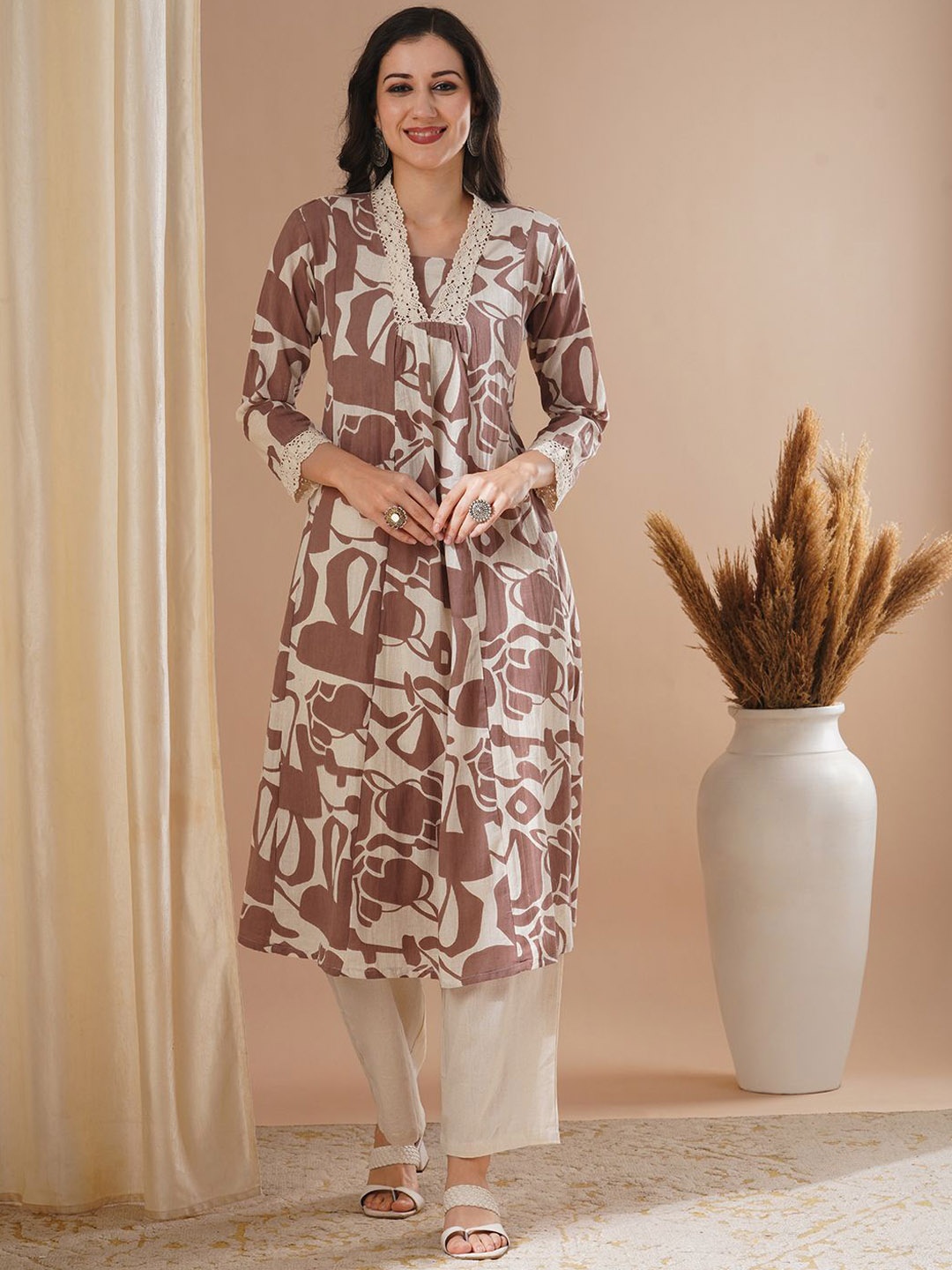 

FASHOR Floral Printed Panelled Pure Cotton Straight Kurta With Palazzo, Camel brown