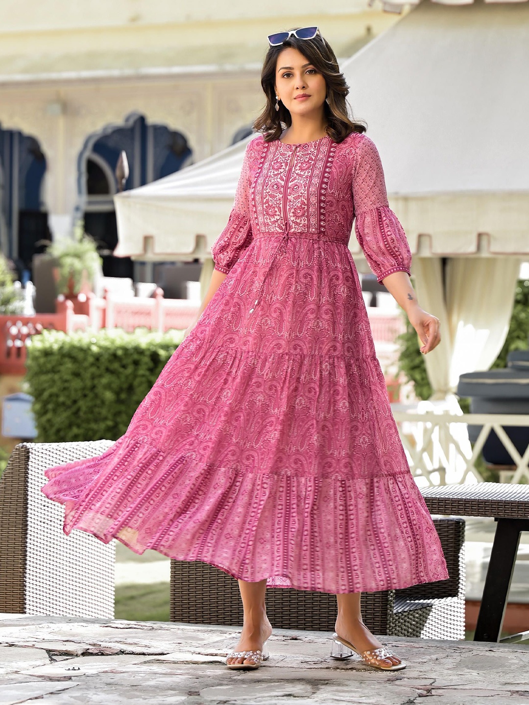 

Juniper Ethnic Motifs Print Keyhole Neck Bishop Sleeve Georgette Fit & Flare Midi Dress, Pink