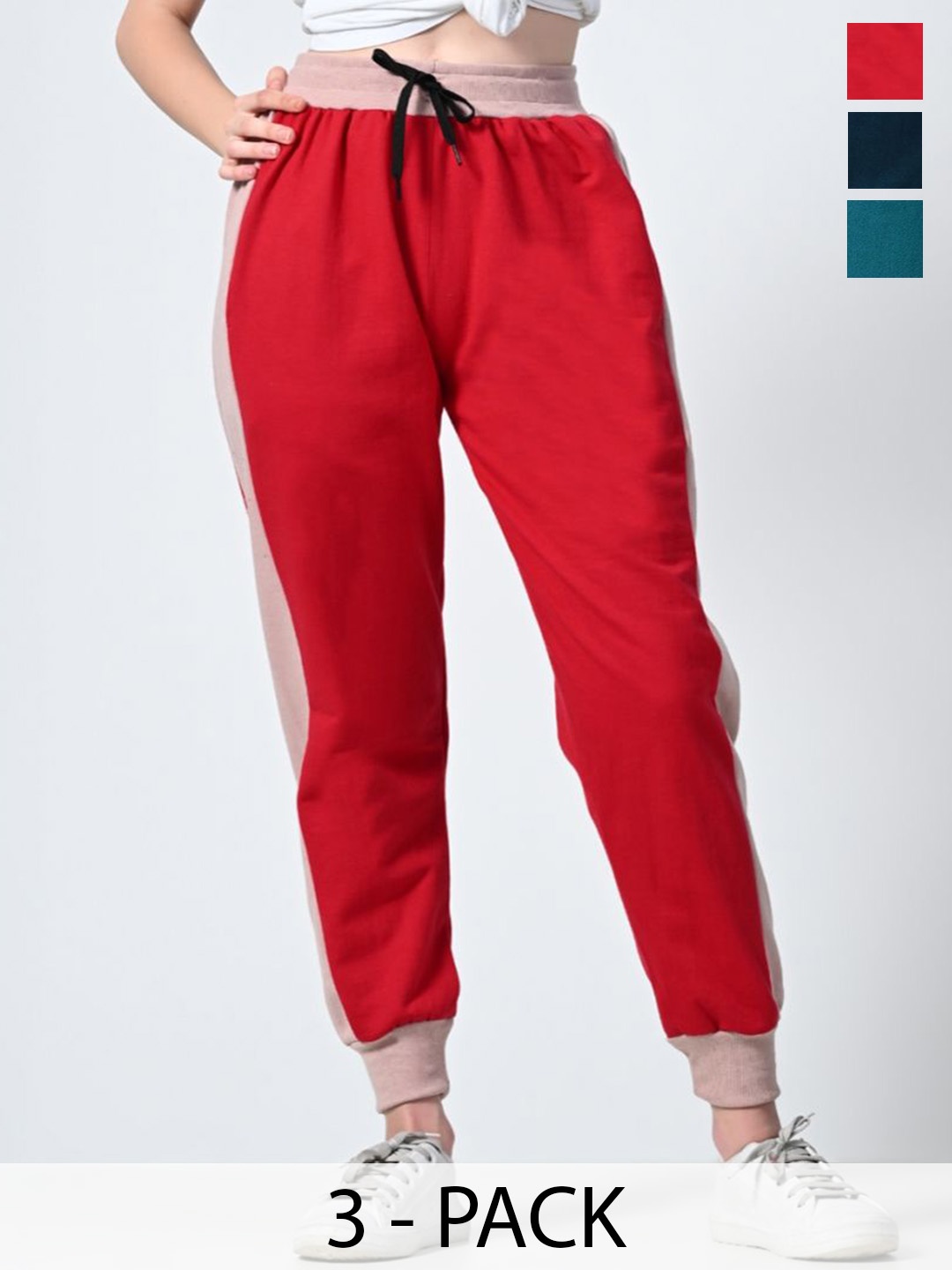 

BAESD Women Pack Of 3 Relaxed Fit Mid-Rise Joggers, Red